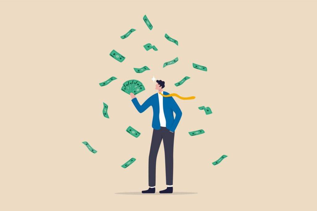 illustrasjon animert mann med sedler som daler ned