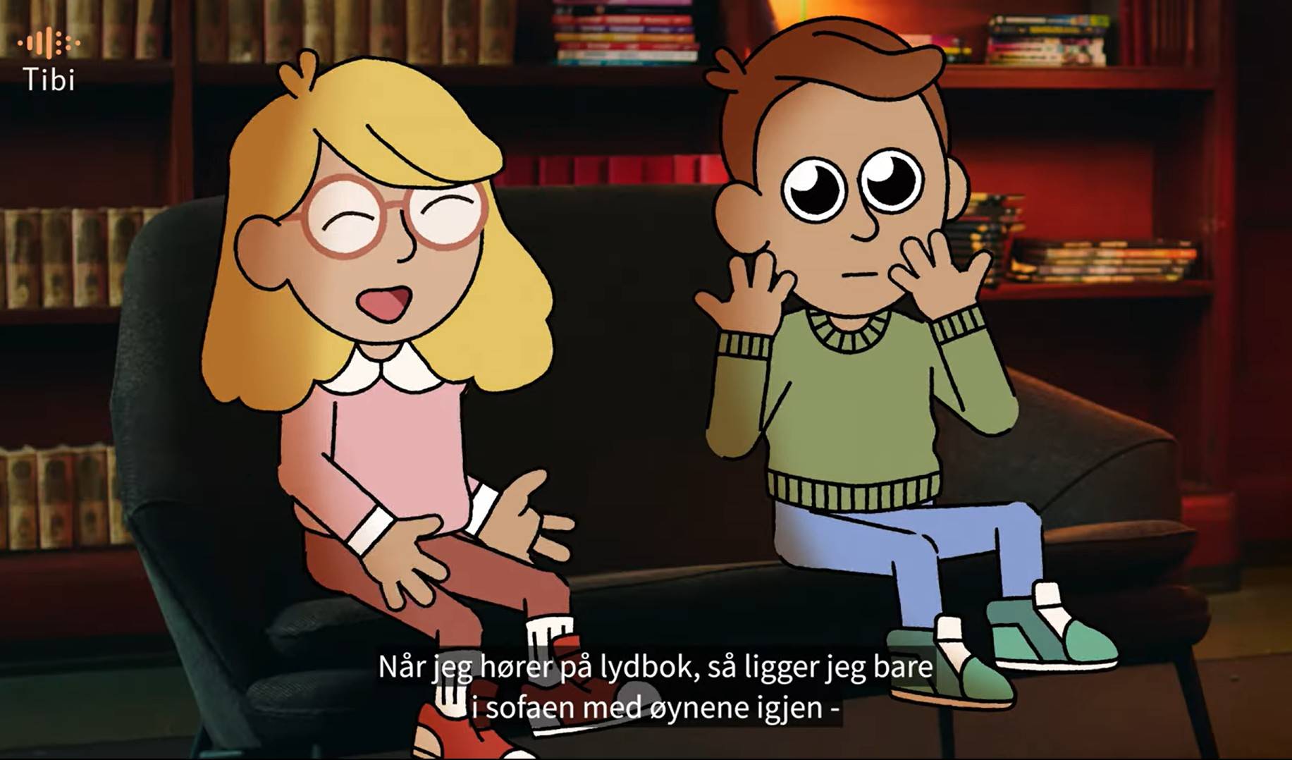 Skjermdump fra kampanjefilm. To animerte barn i et lydstudio sammen med en innleser