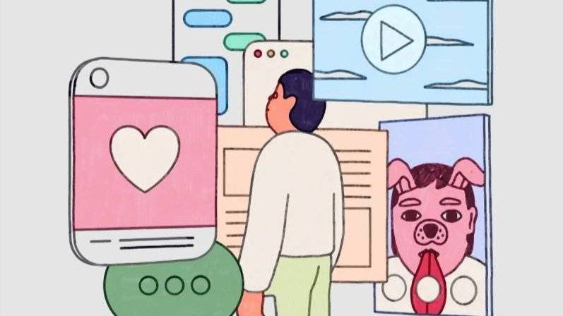 tegnet illustrasjon av  mann med ulike medietyper svevende rundt