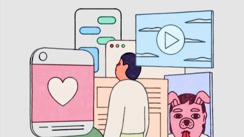 ill: animert person med skjermer overalt rundt seg