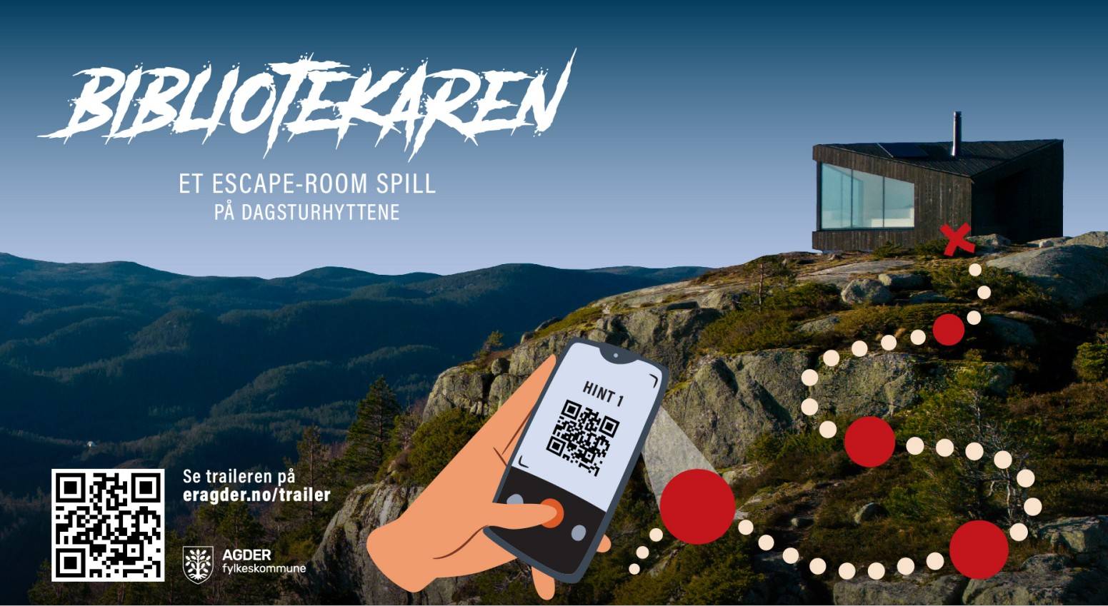 Skjermdump av en hytte på toppen av en knaus med figur av mobil og kart med sti til hytta