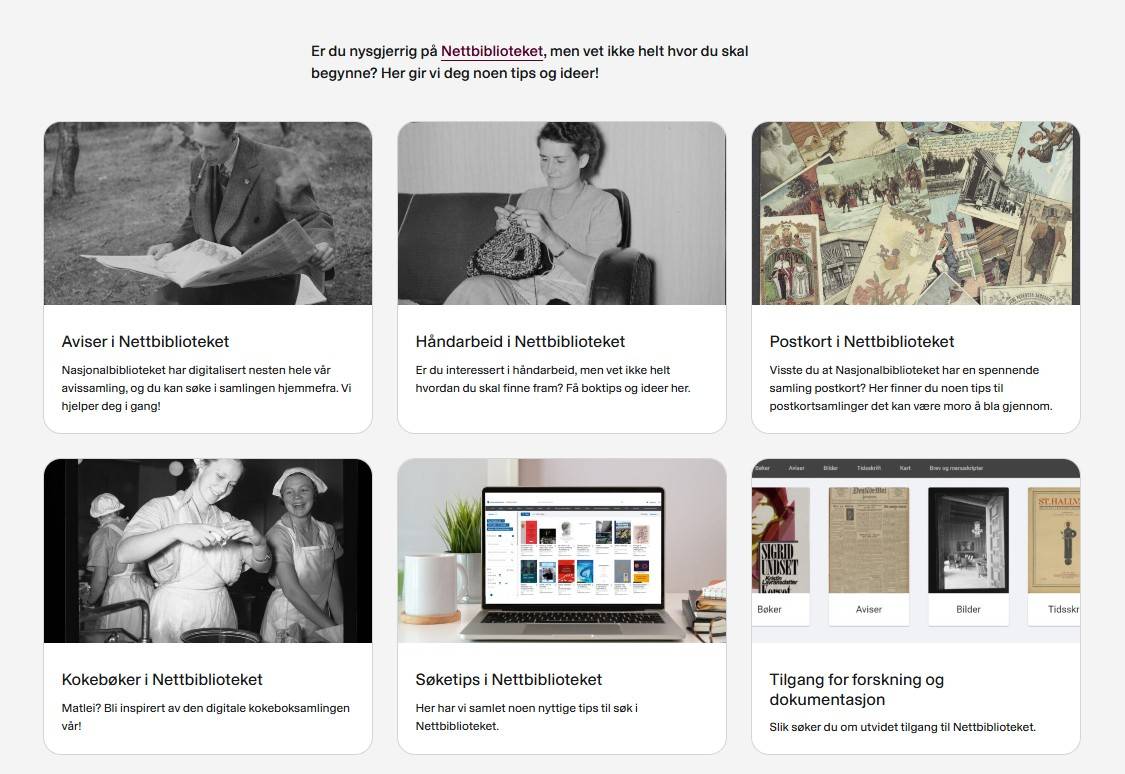 Skjermdump: Lenker med tekst Aviser i nettbiblioteket, Håndarbeid i nettbiblioteket, postkort i nettbiblioteket, kokebøker i nettbiblioteket, søketips i nettbiblioteket, tilgang til forskning og dokumentasjon
