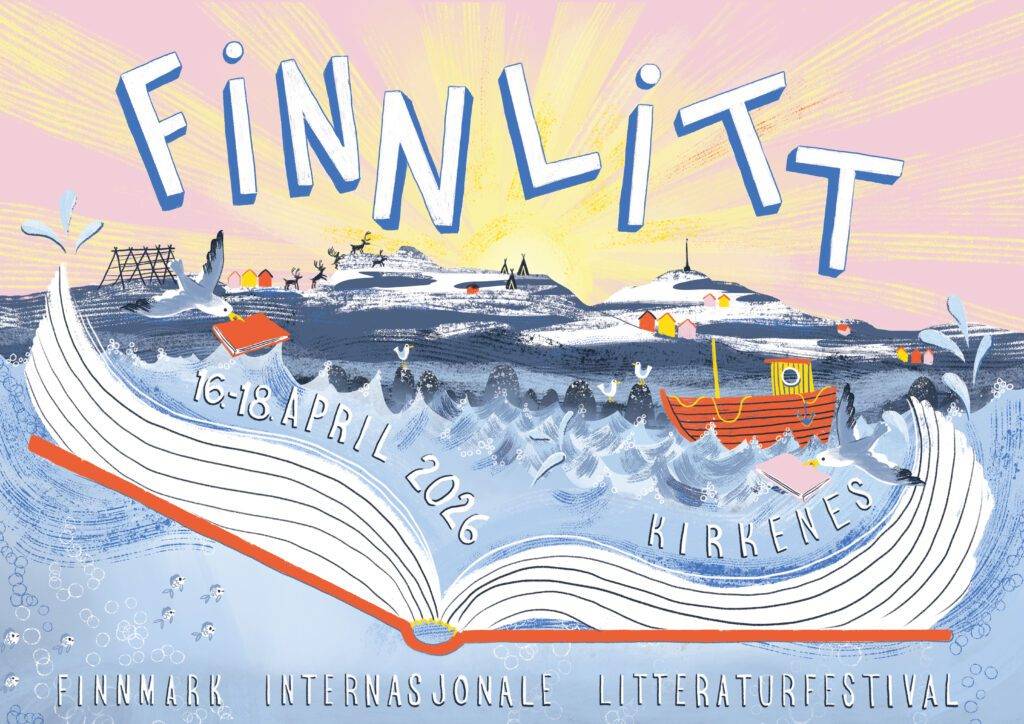 Festivalplakat- ill . bøker, båk, hav, måke, rein, fiskevær. Finnlitt. 